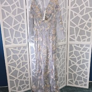 NWT LARA Formal Dress Floral Lace Long Sleeve Gown 12 Modest Gray Pink